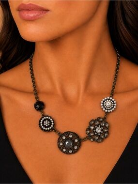 Lia Sophia Statement Necklace Bronze Tone Black Clear Gems Pearl Accents 20.2'